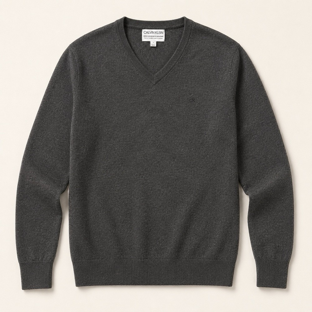 Calvin Klein Men's Medium Merino Blend V-Neck Sweater Gray CK Logo